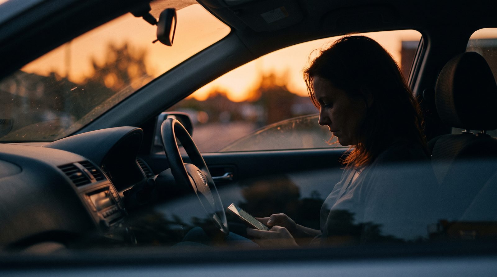 An agent parked at dusk, working through her phone.