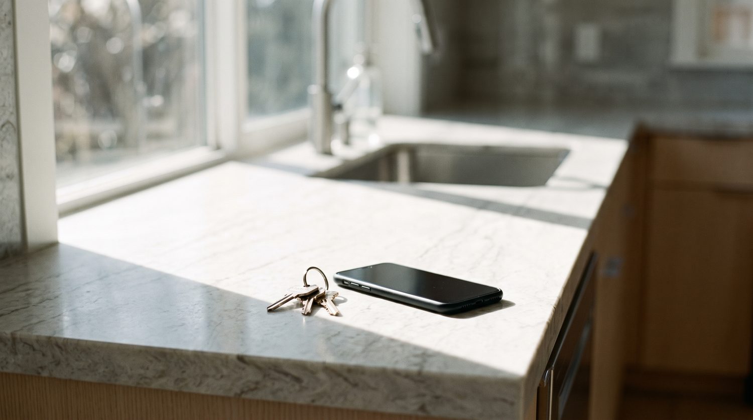 Keys and a phone left on the counter of an empty listing.